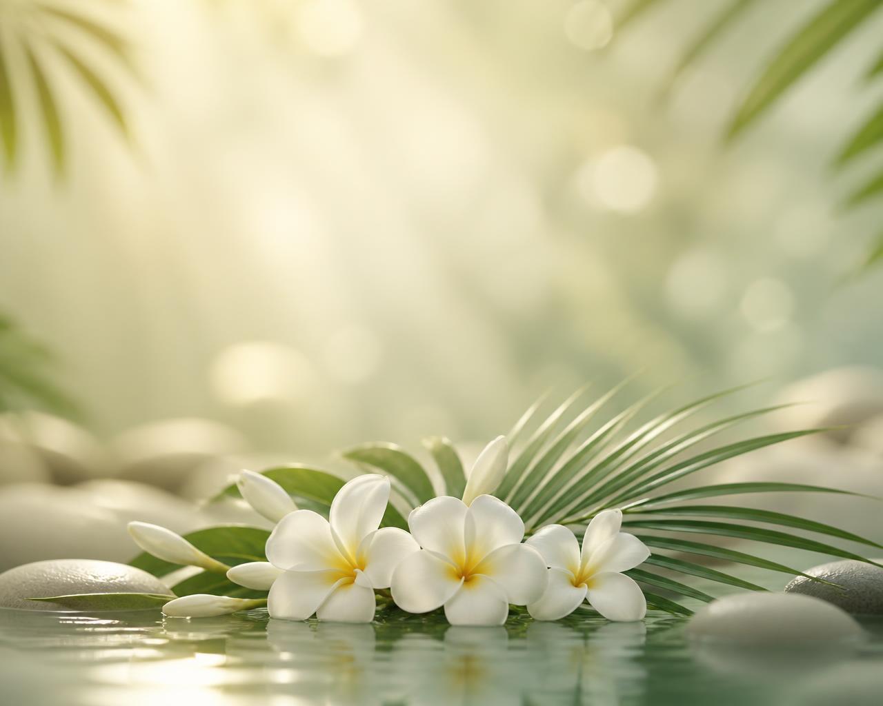 Soft tropical spa atmosphere with palm leaves and frangipani flowers in warm morning light