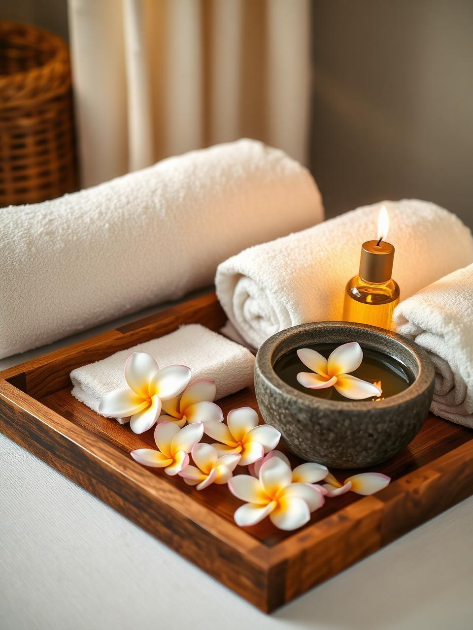 Rolled towels, frangipani petals, massage oil and a candle on a wooden tray at Relaxing Spa