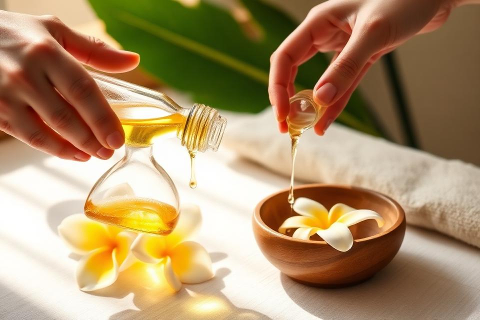 A therapist pouring golden massage oil into a wooden bowl with frangipani flowers